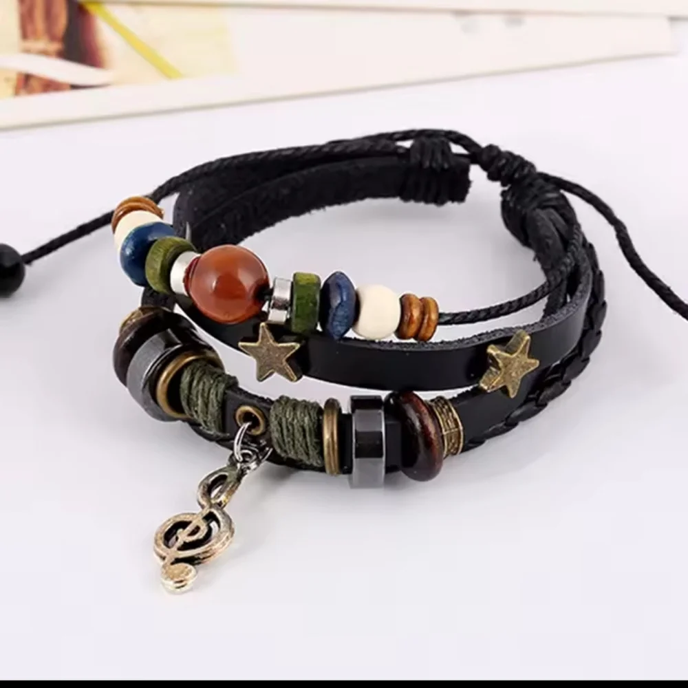 Men's Bracelet Leather Braided Layered Brown Music‎ New f41